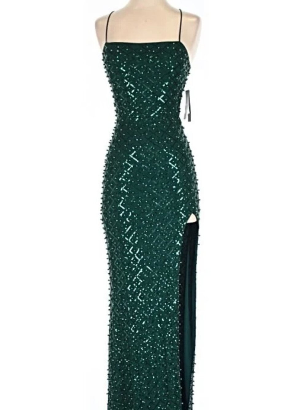 Emerald Faux Pearl-Sequin Straight-Neck Gown